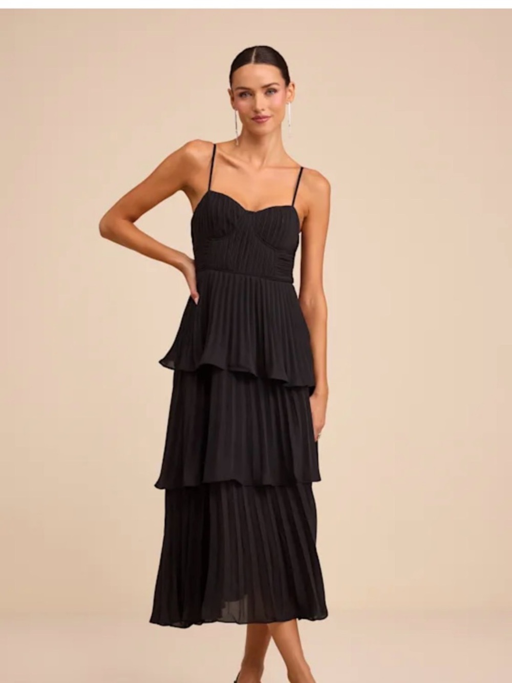 Lulu’s Black Tiered Bustier Ruffle Midi Dress